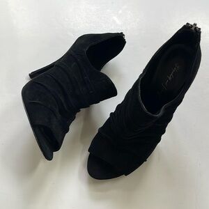 ELIZABETH and JAMES Ruched Peep-Toe Stiletto Booties